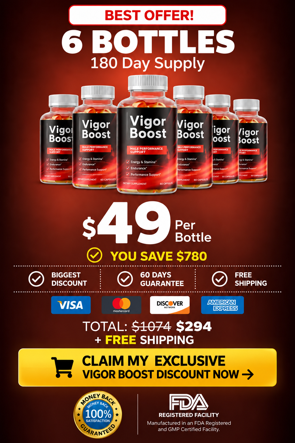 Vigor Boost six-bottle offer. $49 per bottle. Total reduced from $1074 to $294, plus free shipping.